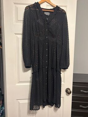 Anthropologie Black Swiss Dot Button-Front Midi Dress with Multicolor Dots